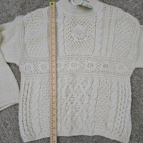 NWT Vintage Hand Knit Chunky Flower Cable Sweater L Cottage Boho Cream Grandma - Picture 6 of 10